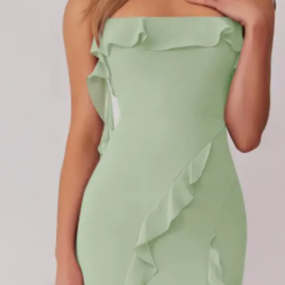 Azazie Dusty Sage Sheath Bow Chiffon Dress  NWOT